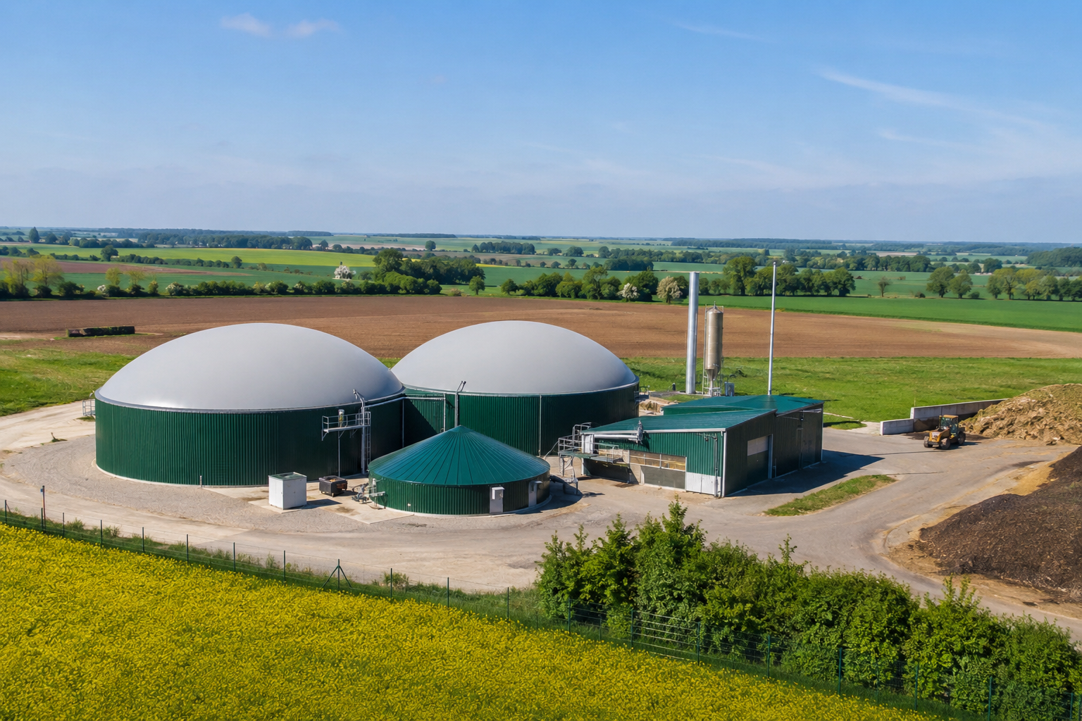 Instalacja biogazowni rolniczej ilustrująca opłacalność biogazowni – zbiorniki fermentacyjne i agregat kogeneracyjny w gospodarstwie