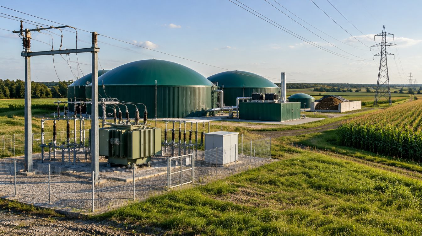 Biogazownia rolnicza ze stacją transformatorową i linią średniego napięcia