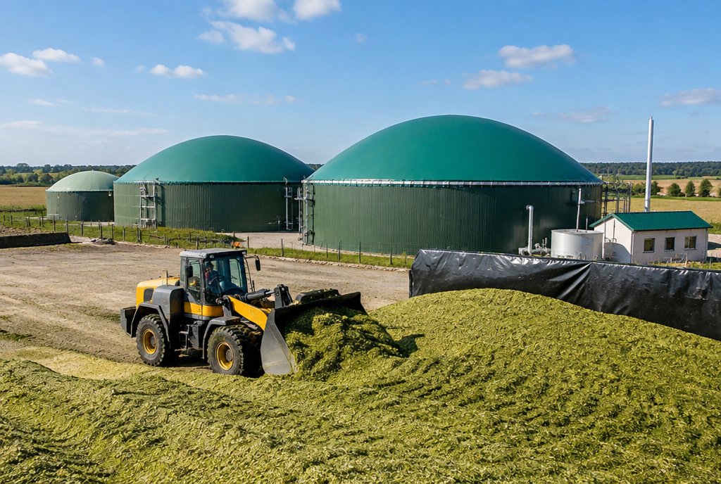 Biogazownia rolnicza z zielonymi kopułami fermentatorów i ładowarka usypująca pryzmę kiszonki z kukurydzy – substratu do produkcji biogazu